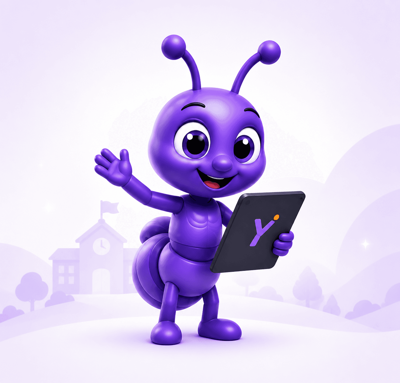 Yumi, the YOEMMI SchoolMIS mascot, waving with a tablet